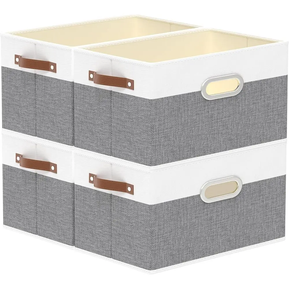 

Storage Baskets, Closet Organizer, Shelves, Large Boxes with 3 Handles, Canvas Bins, Clothes, White/Grey, 12.99''Lx9.05''Wx7.87'
