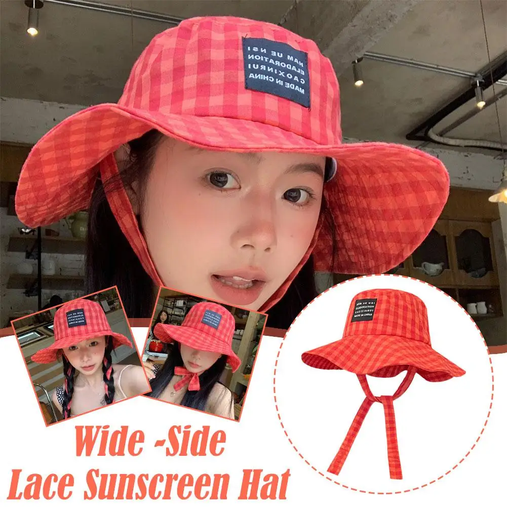 Retro Plaid Bucket Hat With Wide Brim Strap Sunblock Hat Women Summer Multi-functional Fashion Sunblock Sunscreen Fisherman Hat