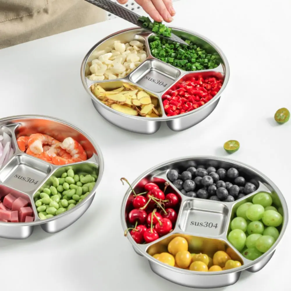 

Household 304 Stainless Steel Kitchen Food Preparation Tray 5 Grid Round Snack Tray Fall-resistant Side Dishes Tray Fruit