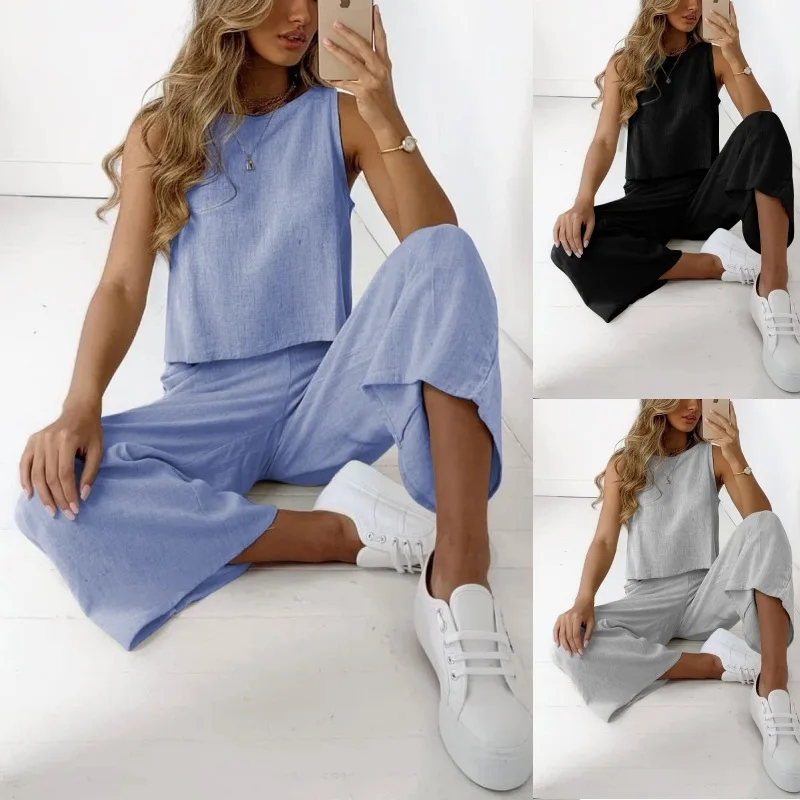

Women Summer New Cotton Linen Suit Sleeveless Tank Top & Nine-point Wide-leg Pants Two-piece Set