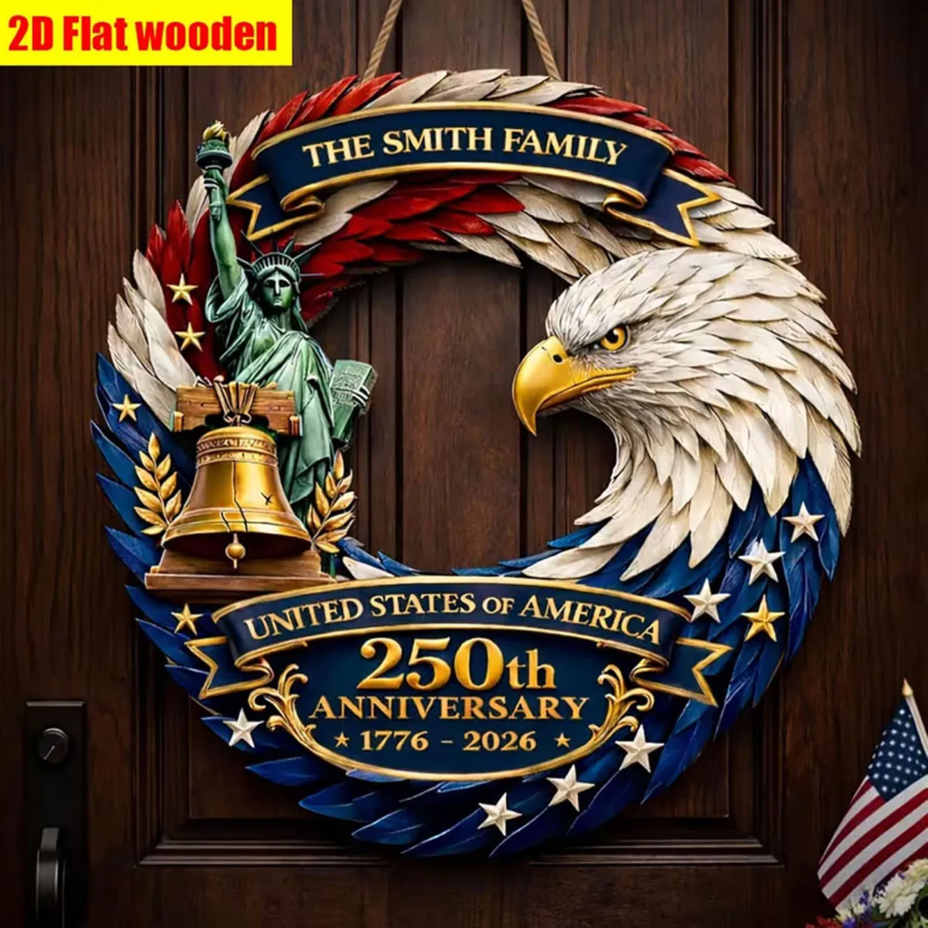 2D Flat Wooden Round Sign God Bless America Star Statue of Liberty Wall Hanging Plaque for Independence Day Home Door Decor