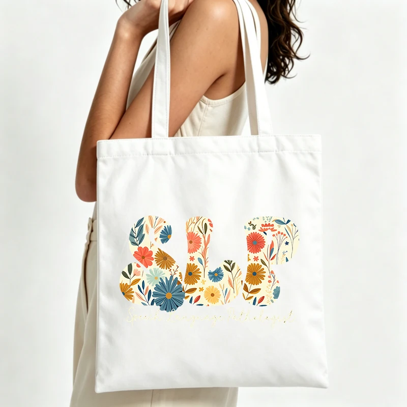 floral letter print canvas tote bag, vintage style for daily shopping and casual outings