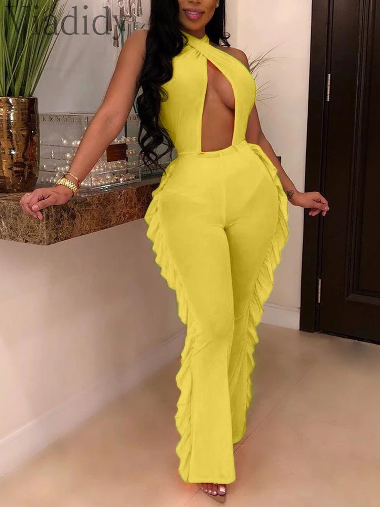

Women Sexy Solid Color See Through Sheer Mesh Ruffles Decor Backless Jumpsuits with Briefs
