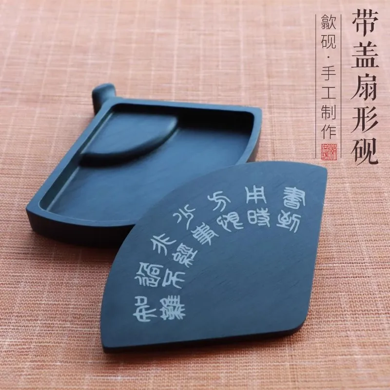 Multifunctional Natural Stone Fan-Shaped Inkstone Calligraphy Brush Holder Writing Desk Decor For Painting Art Supplies