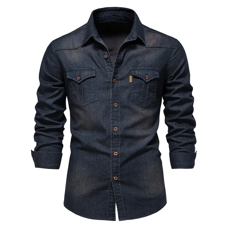 NONE Herren Schwarz Langarm Denim Hemd 5