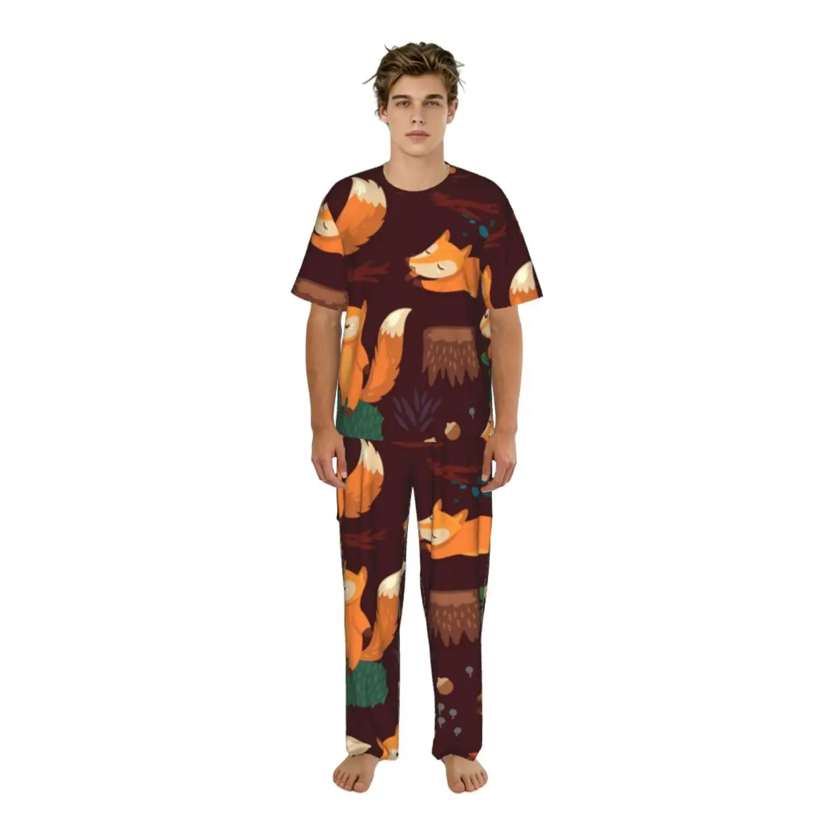 

Мужская пижама с короткими рукавами, комплект из двух предметов: брюки и рубашка, с принтом милой лисички, домашний костюм для сна.