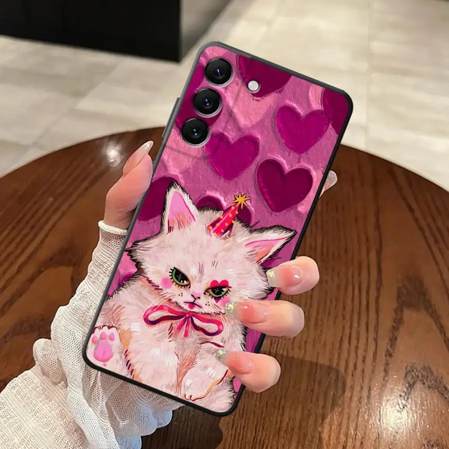 حافظة لهاتف سامسونج جالاكسي A06 A01 A02 A50 A70 نوت 20 Ultra 9 10 A30 A40 A05 A10 A20 A03 A04 قطة وردية لطيفة #5