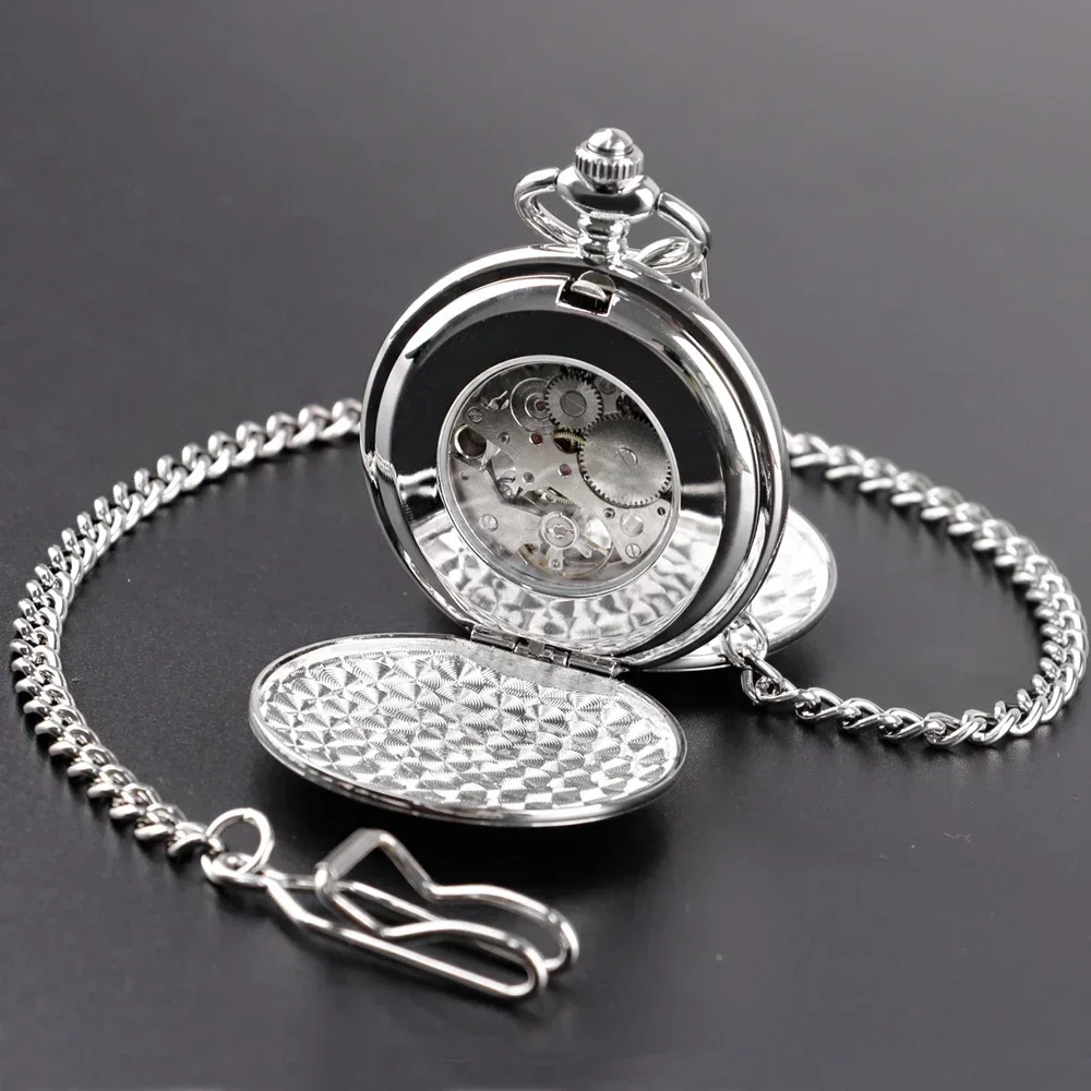 Silver Double Face Hand Wind Mechanical Pocket Watch Luxury Vintage Pocket&Fob Chain Watches Practical Pendant Chain Clock Gift