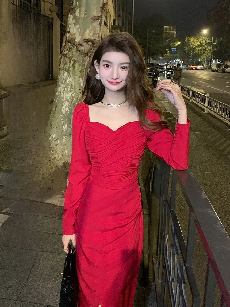 

AM NANA Осенне-зимняя красная шифоновая юбка-трапеция для женщин, длинная, с разрезом, для офиса и повседневной носки