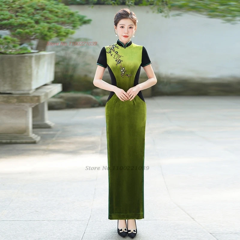 

Китайское винтажное платье 2021, улучшенное Ципао, национальная цветочная вышивка, бархатное Cheongsam, восточное банкетное вечернее платье, платье