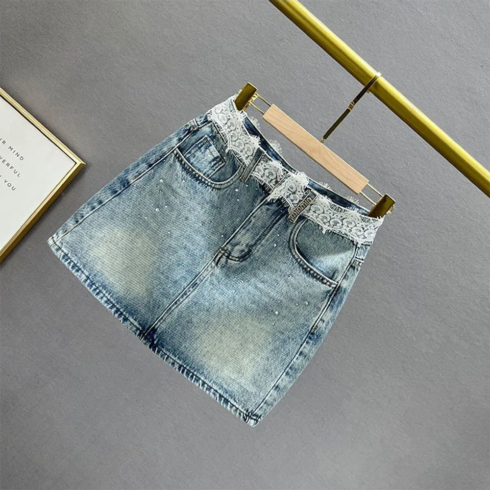 Shinny Hot Drill Blue Vintage Denim Skirt For Women Lace High Waist Slim Mini Skirts Summer 2025 Fashion Design Jean Short Skirt