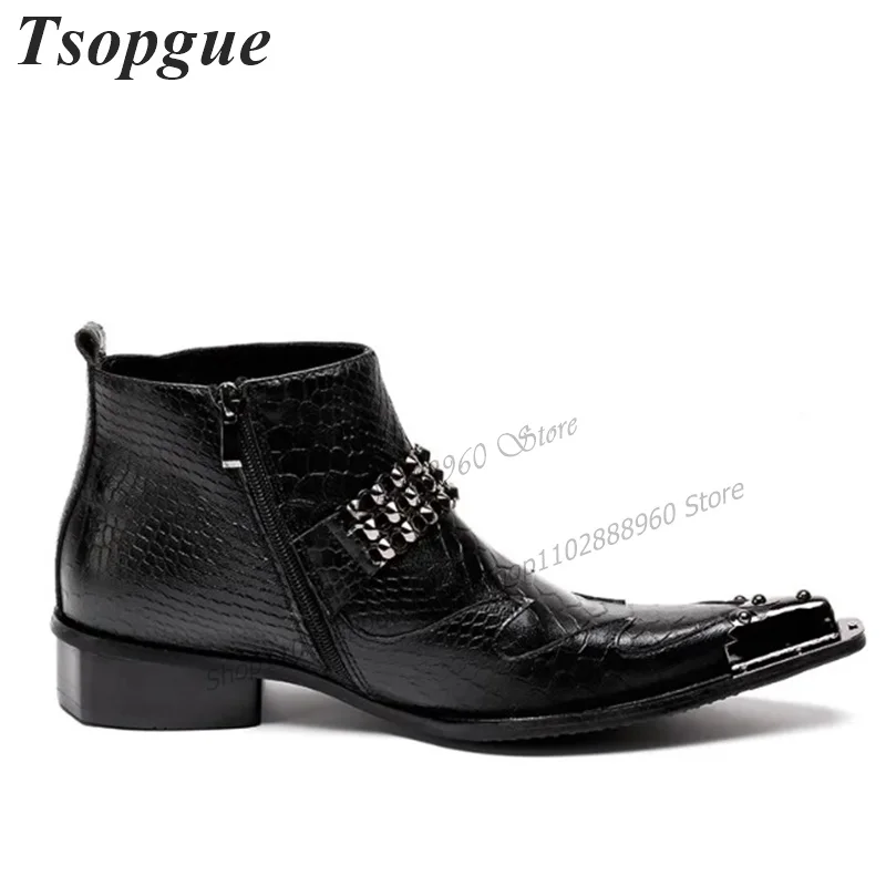 Black Leather Metal Toe Crystal Decor Men Shoes Men's Boots Side Zipper Business Runway Casual Party Shoes Zapatillas Mujer