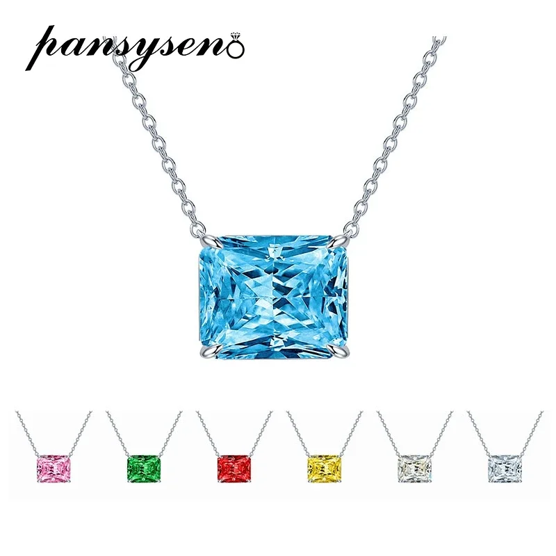 

PANSYSEN Solid Silver 925 Jewelry Pendant Necklace 10*12MM Radiant Cut Emerald Ruby High Carbon Diamond Necklaces for Women Gift