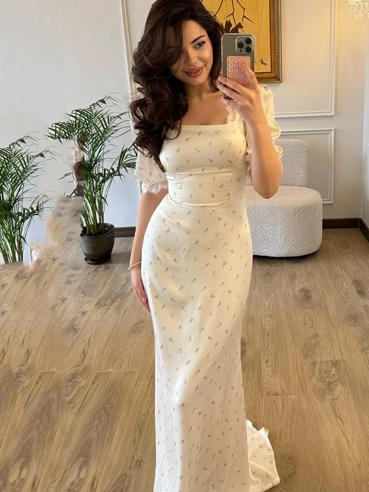 Chic Satin Printing Lace Up Dresses Spring Women Puff Sleeve Square Neck Long Dress Summer High Waist Slim Ankle Length Dress