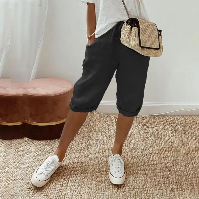 Knielänge Bermudas Shorts Cotton Leinen Shorts Frauen lässig losen Fitnessstudio -Shorts Kordelstring Elastic Taille Summers
