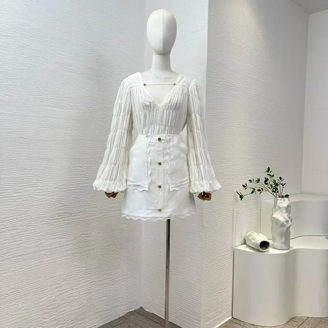 

White Office Lady Lantern Sleeve V Neck Blouse Tops Elegant Fashion Women Skirt 2024 Spring Summer High Quality Set