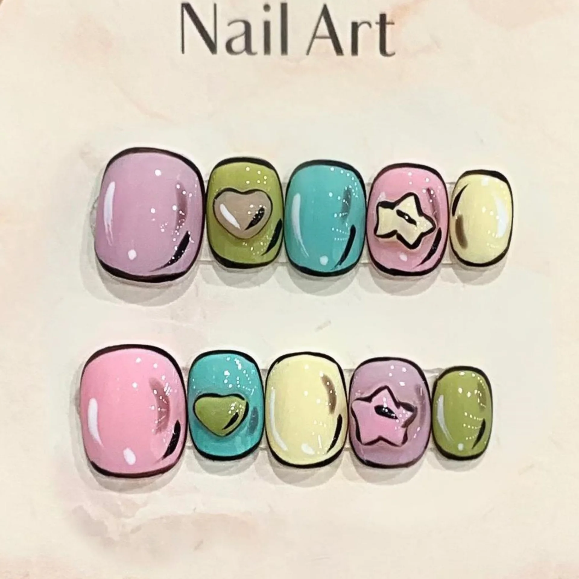 

10pcs Colorful Anime Handmade Nails Tips Sweet Cute Girl Style Fake Nail Art Short Square Round False Nail Press on Nails Sets