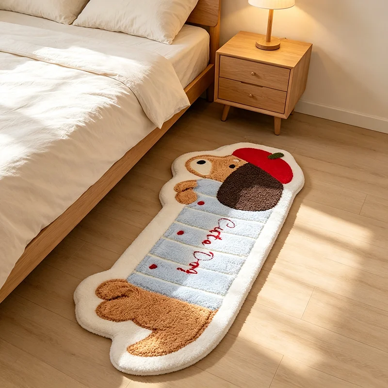 VIKAMA Cartoon Dachshund Shaped Plush Rug Non Slip Washable Animal Bedside Runner Mat Lovely Bedroom Floor Decor Carpet