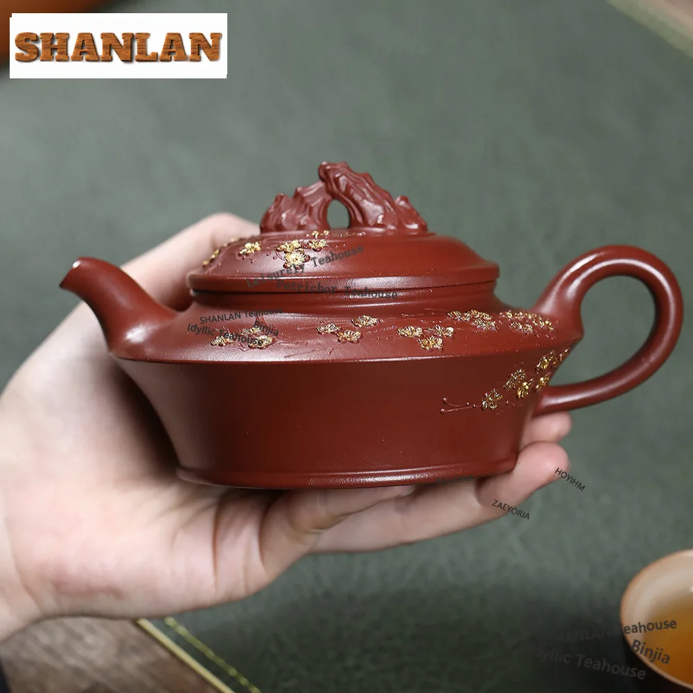HOYIHM 230ml Traditional Yixing Purple Clay Teapots Handmade Gold Drawing Pot Raw Ore Dahongpao Mud Kettle Zisha Tea Set Gifts