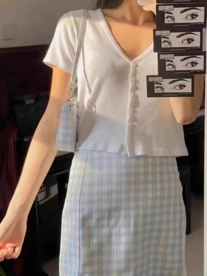 

Summer New Sle Women's T-irt High Waist ort Sve V-ne Cotton Teaded Brandy Fem Sexy Girl Cardigan