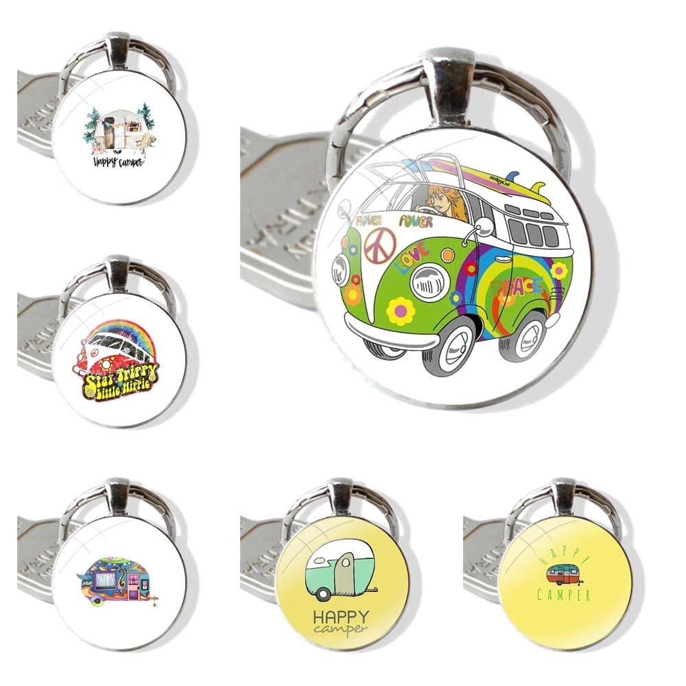 Cute Camper Wagon Keychain Handmade Glass Cabochon Key Ring Holder Pendant Key Chains