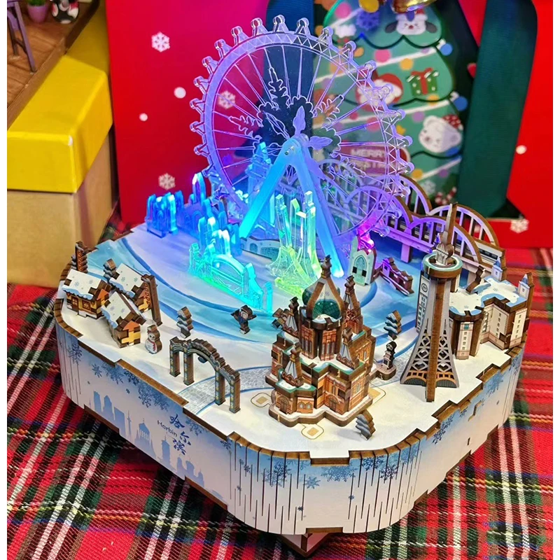 DIY 3D Wooden Snow World Music Box Miniature Model Kits Ferris Wheel Jigsaw Puzzles With Light Can Move for Children Xmas Gifts