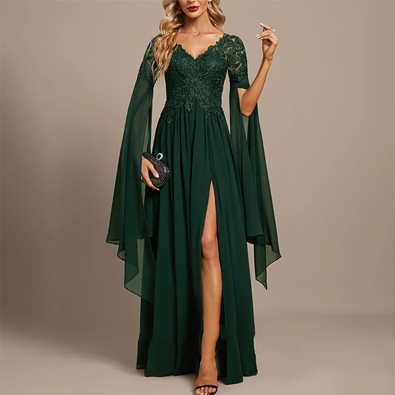 

Green Lace Applique Mother of The Bride Dress Long Sleeves V Neck Side Slit Wedding Party Dresses Guest Gown Customized