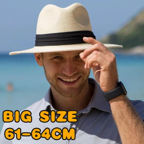 Sombreros de sol clásicos de verano de talla grande de 64cm para hombres y mujeres, sombreros de Panamá, sombrero de paja de playa de ala ancha para parejas, sombrero Fedora de talla grande con cabeza grande