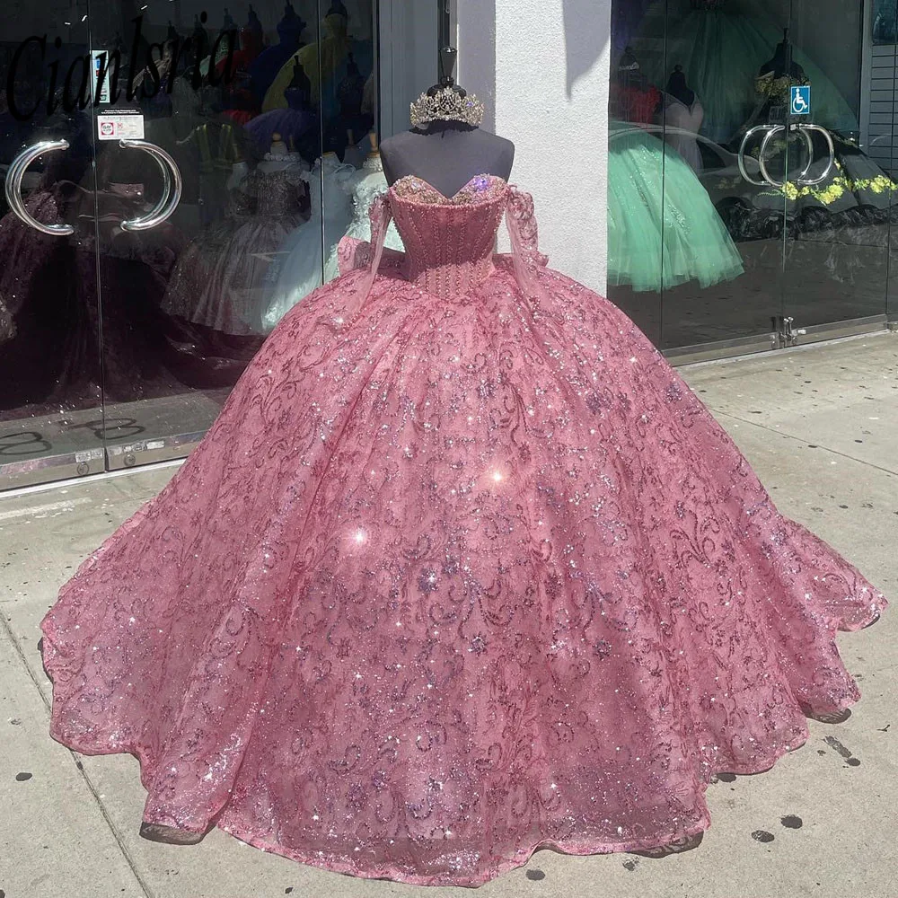 Vestido de baile rosa para quinceañera, vestidos de graduación de manga larga con cordones, vestido de princesa dulce 15 16, vestidos de 15 años