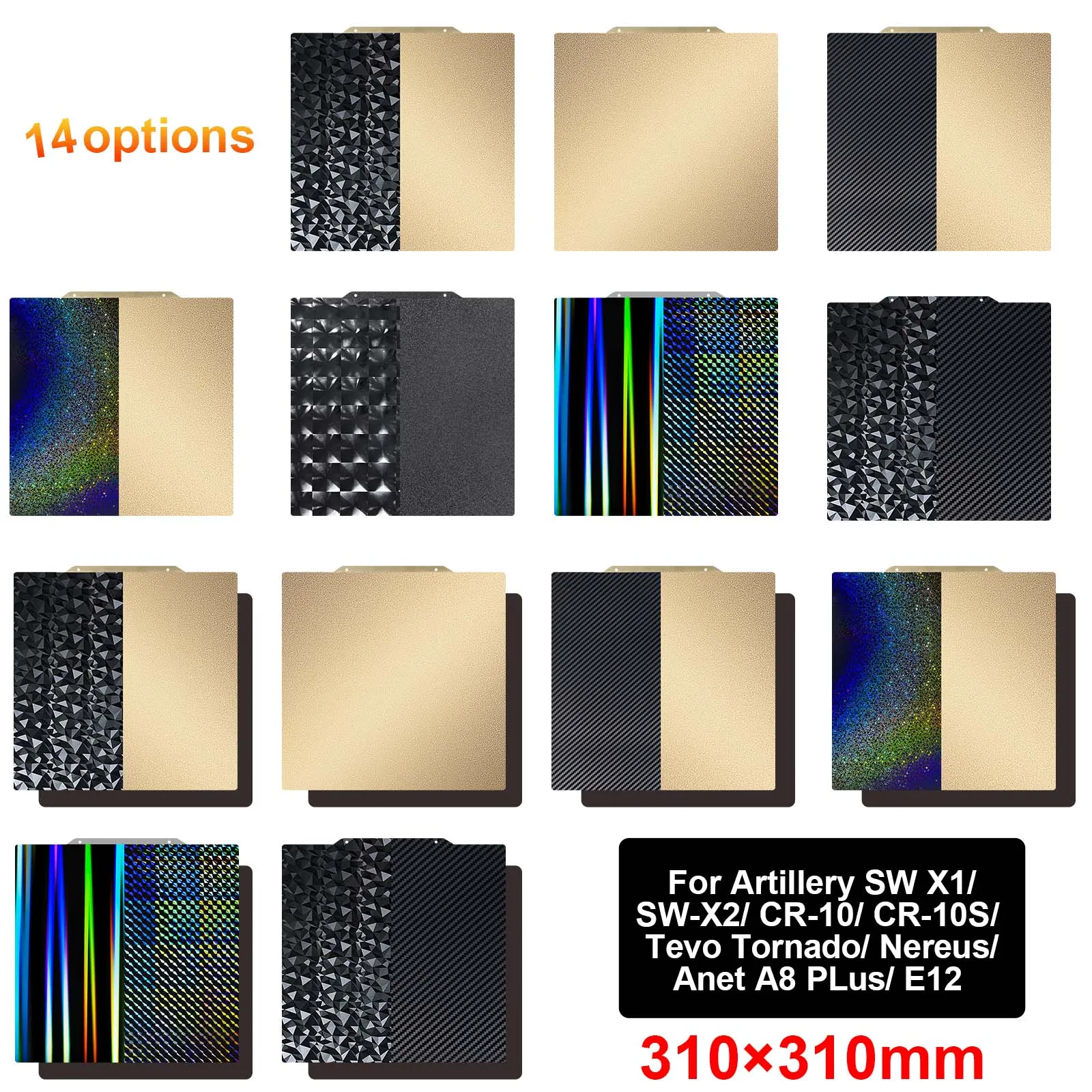 

Двусторонняя текстурированная печатная пластина 310x310 мм для Artillery SW X1/SW-X2/CR-10/CR-10S/Tevo Tornado/Nereus/Anet A8 Plus/E12