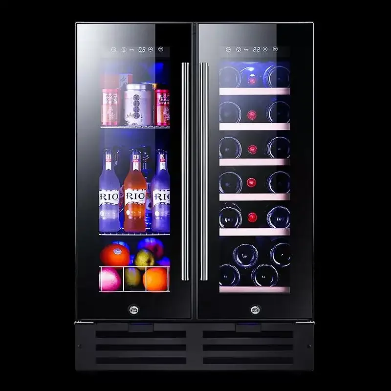 Black Steel Stainless Steel Glass Door Display Wine Cabinet Beech Wood Shelves Wine Refrigerator Fridge