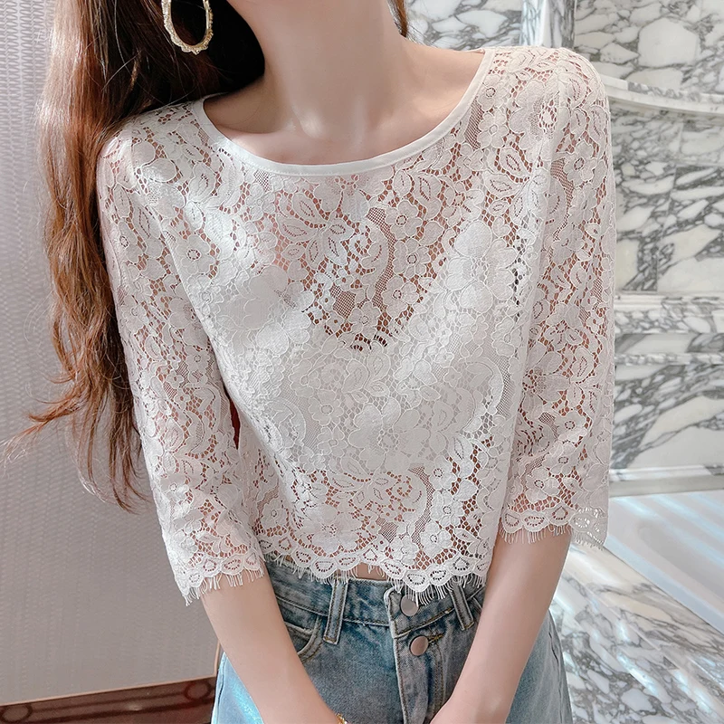 

Белая кружевная короткая базовая футболка для женщин, летняя, сексуальная, тонкая, сетчатая, для ношения поверх одежды, нижнее белье, кружевная короткая базовая футболка