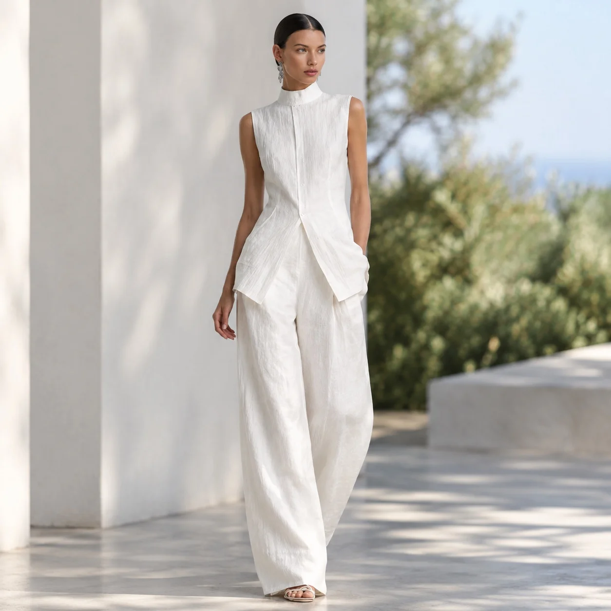 Casual Sleeveless Relaxed Fit Set with Japanese and Korean Casual Side Slit Women Matching Sets for Summer Washed Finish