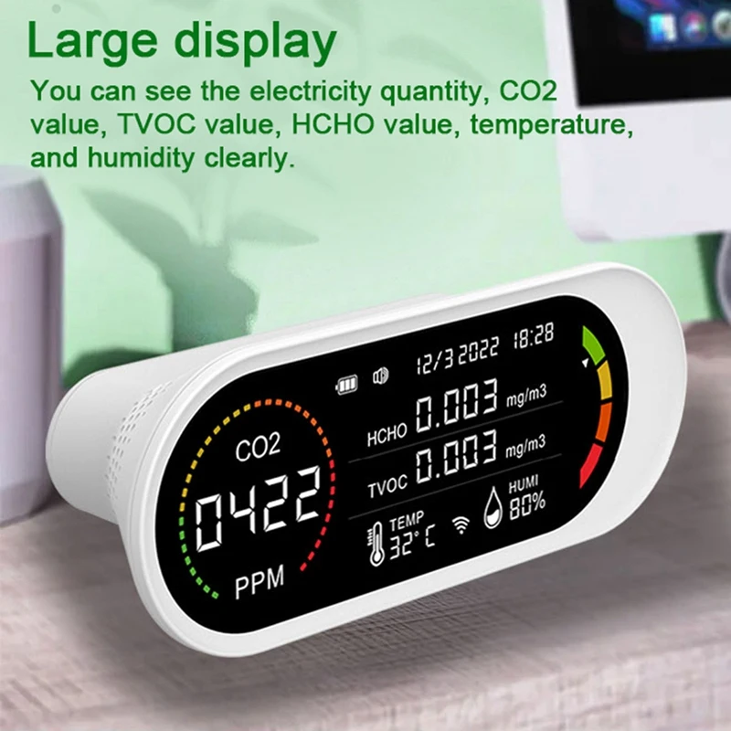 Detector de calidad del aire 5 en 1, medidor de CO2 TVOC HCHO, Monitor de calidad del aire, prueba de temperatura y humedad de dióxido de carbono