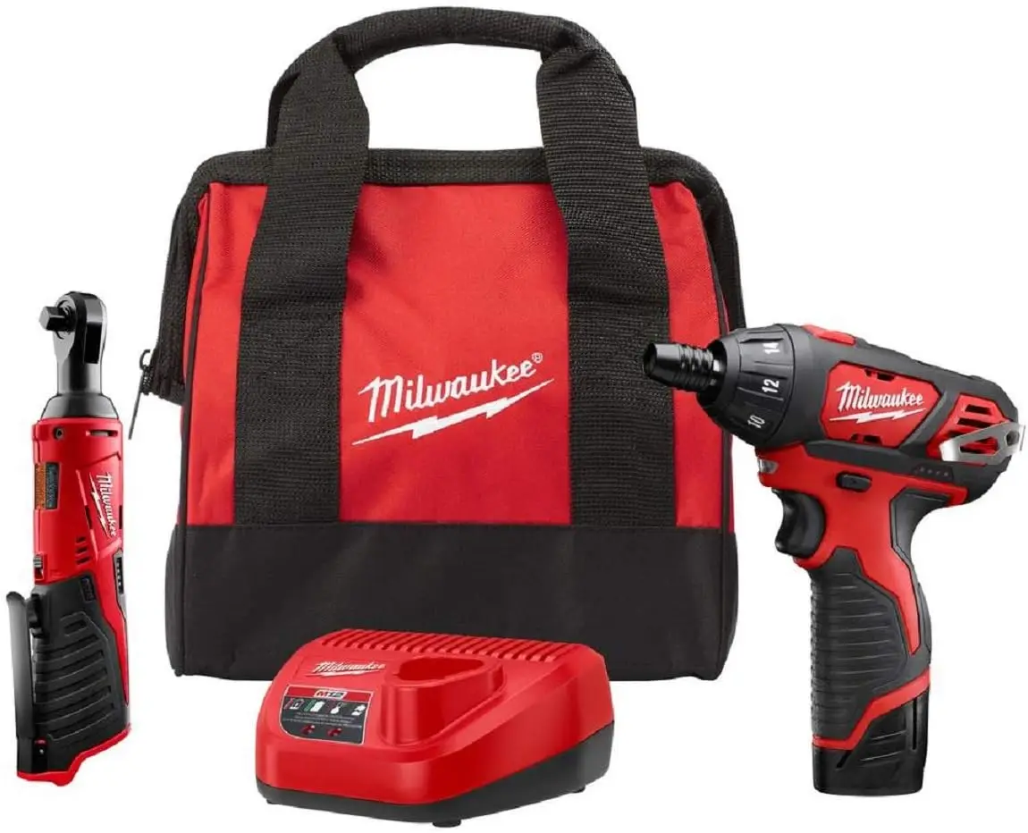 Milwaukee M12 12-Volt Lithium-Ion Cordless 3/8 in. Ratchet and Screwdriver Combo Kit (2-Tool) with Battery, Charger, Tool Bag vvosai 12v max electric screwdriver cordless drill mini wireless power driver dc lithium ion battery 3 8 inch 2 speed