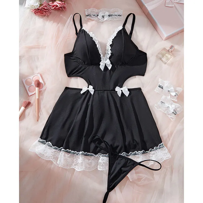 New Women's Nightgowns Sexy Halter V-Neck Pajamas Off The Shoulder Crotchless Role Play Dresses Female Lingerie Sleeping Gowns