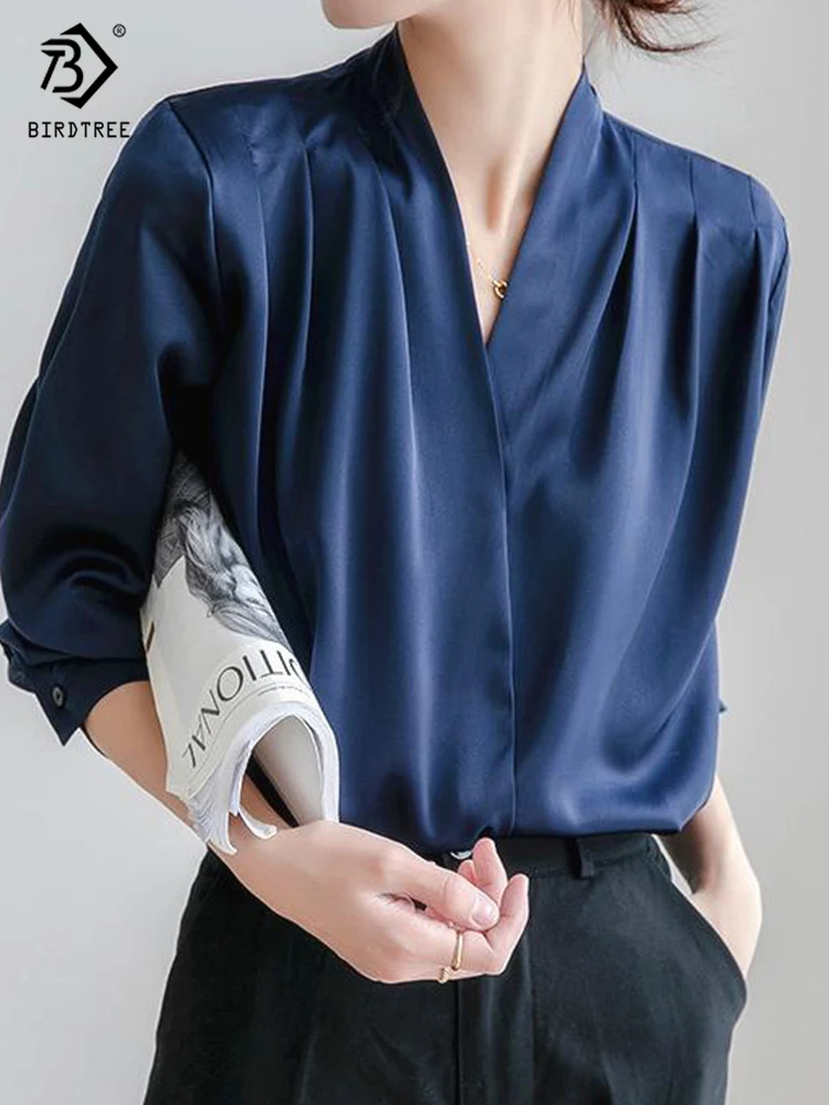 2022 Spring New Arrival Women Elegant Satin Blouse Lantern Sleeve V-Neck Office Navy Shirt Vintage Autumn Casual Tops T24401X