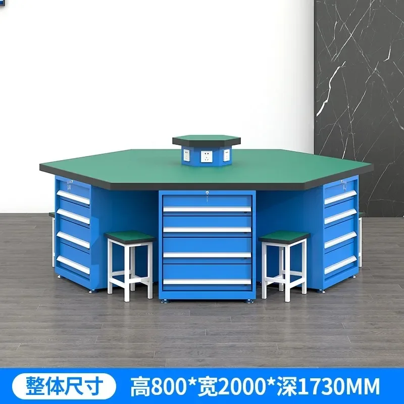 Heavy-duty hexagonal fitter table, multi-station tool table with vice, equipment workshop hexagonal training fitter table