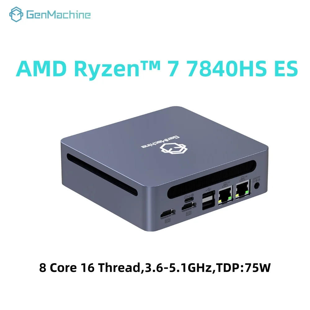 GenMachine AMD Ryzen 7 7840HS ES Mini PC 5.1GHz 75W 8 Core 16 Thread Windows 11 DDR5 32G 6400Mhz 2.5G LAN USB4 WIFI6 Mini Pc