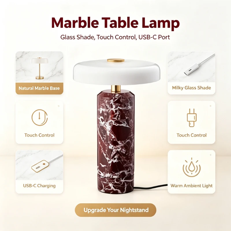 Rechargeable Marble Bedroom Beside Lamps Denmark Carrara Style Light Fixture Touch Switch Living Room Decor Stand Lights Led