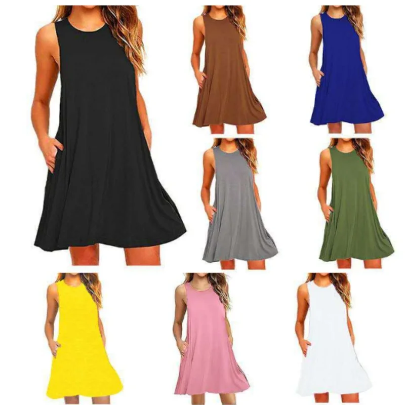 Women's Summer Casual Swing T-Shirt Dresses Beach Cover Up With Pockets Plus Size Loose T-shirt Dress