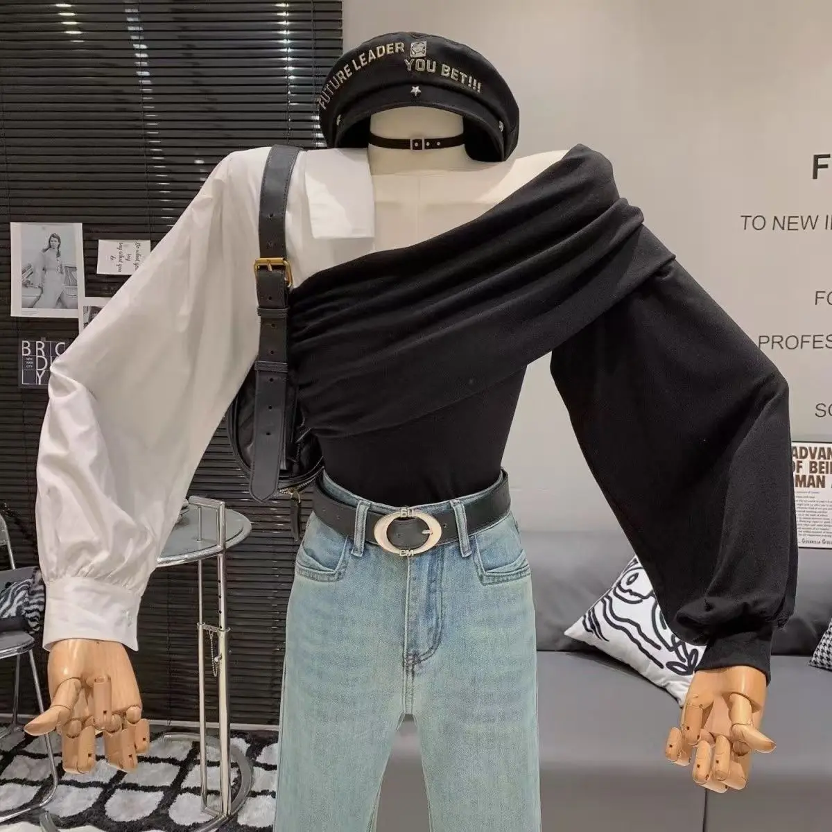 Camisas coreanas elegantes de manga larga con hombros descubiertos para mujer, Top informal de dos piezas falso ajustado con empalme Irregular de Color contrastante, verano 2025