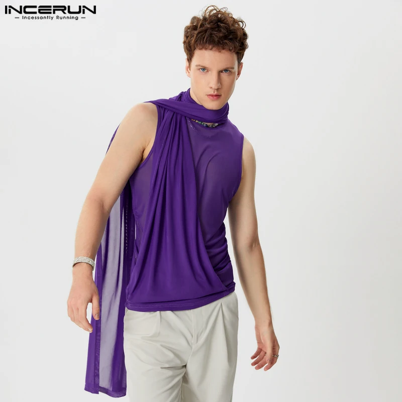 INCERUN Tops 2024 American Style Fashion Men's See-through Mesh Tight Ruffle Edge Vests Summer Casual Sleeveless Tank Tops S-5XL