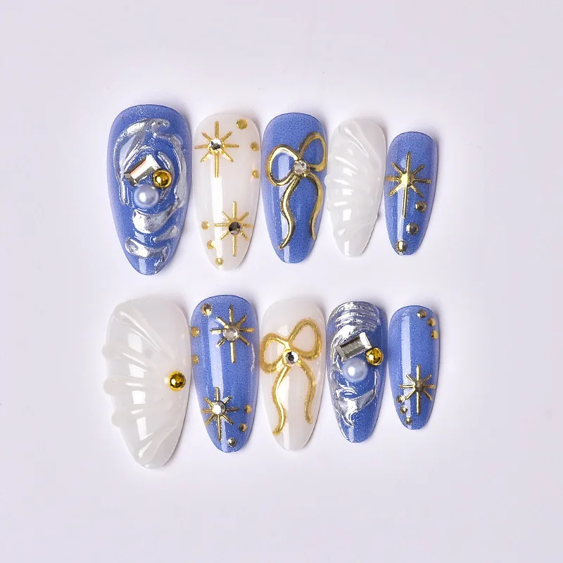 

24PCS Blue White Gradient Fake Nails 3D Gold Bow Star Pearl French Design Press on Nails Luxury Elegant Sweet Cute Nail Art 네일팁