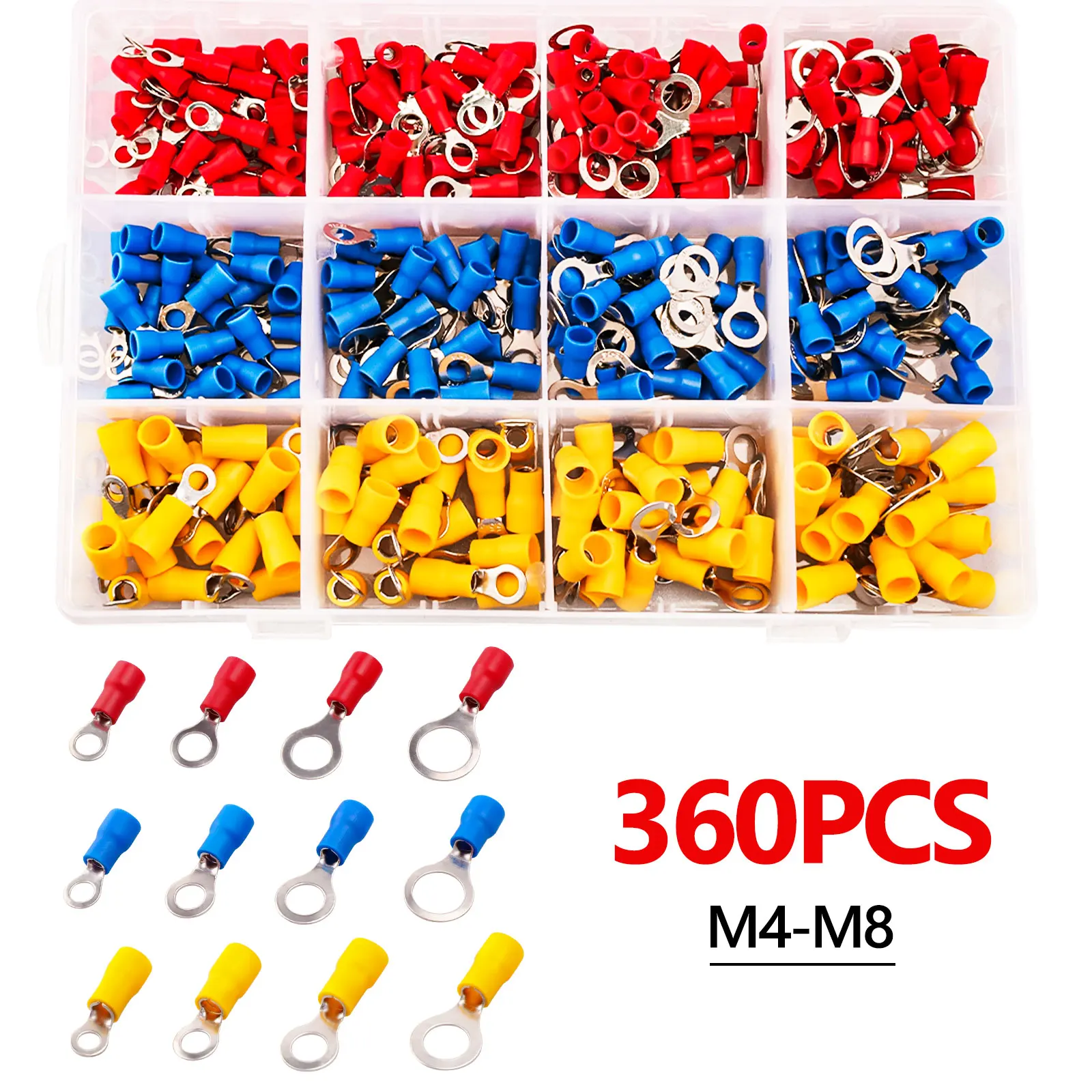 360Pcs Insulated Ring Terminal Crimp Connector Kit Ring Cable Wire Connectors Cord Pin End Butt Terminals RV1.25 RV2 RV5.5