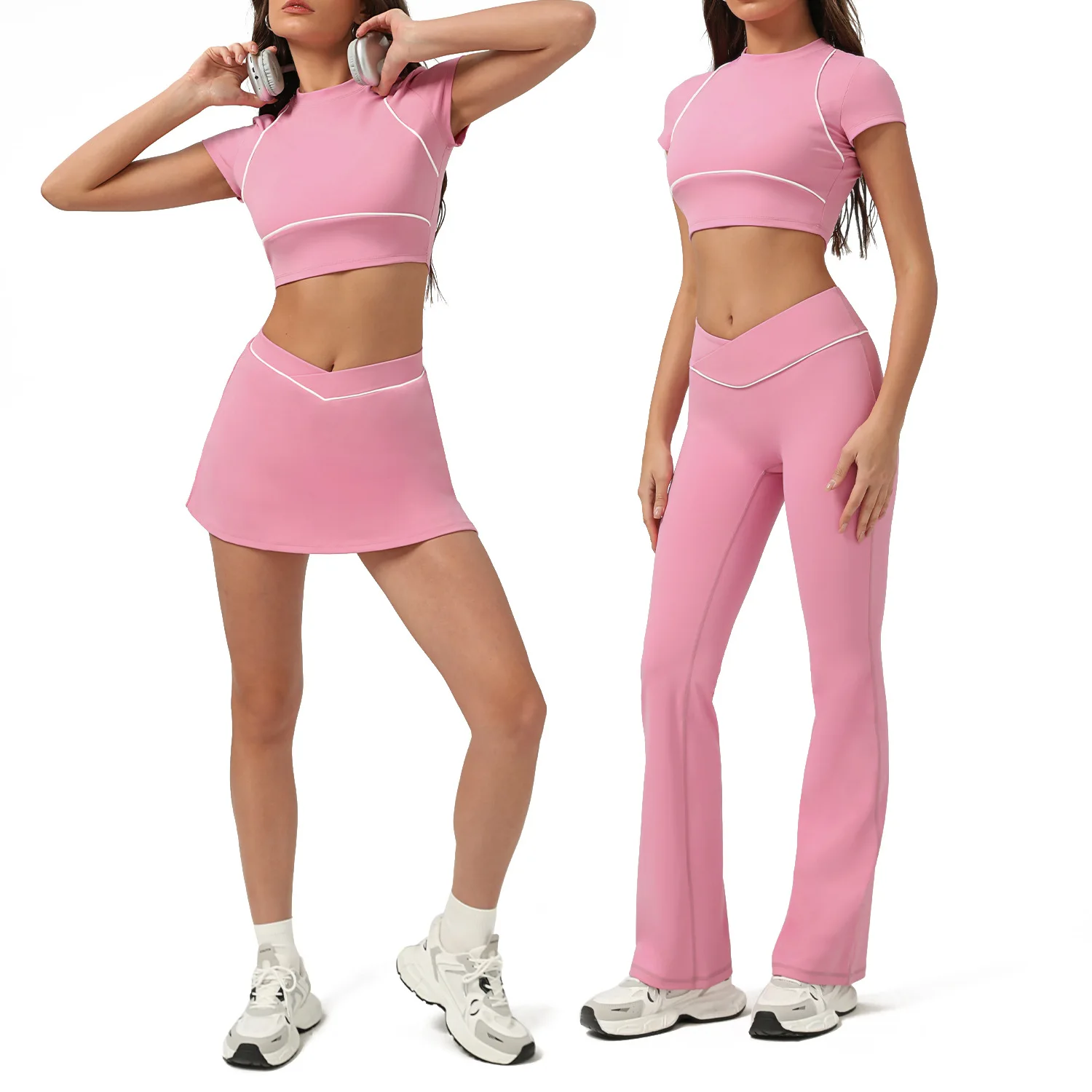 

Women Sports Outfit for Woman Tennis Gym Clothes Two Pieces Set Crop Top T-shirt Skirt Leggings Pink Black