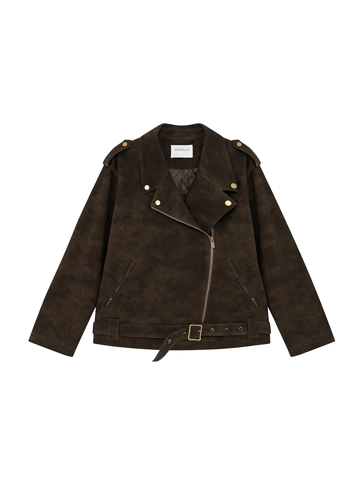 Jaqueta Feminina Luijixi de Couro Sintético Pesado Estilo Motociclista, Nova Coleção Outono Inverno, Retrô Casual, Top Moderno com Zíper, Casaco Longo