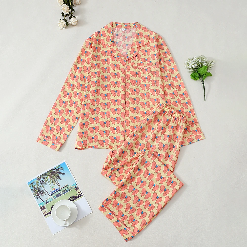 

2Pcs Women's Pajamas Suit Sweet Bowknot Printed Comfortable Lapel Long Sleeves Long Pants Home Clothes Fashion Simple Sleepwear