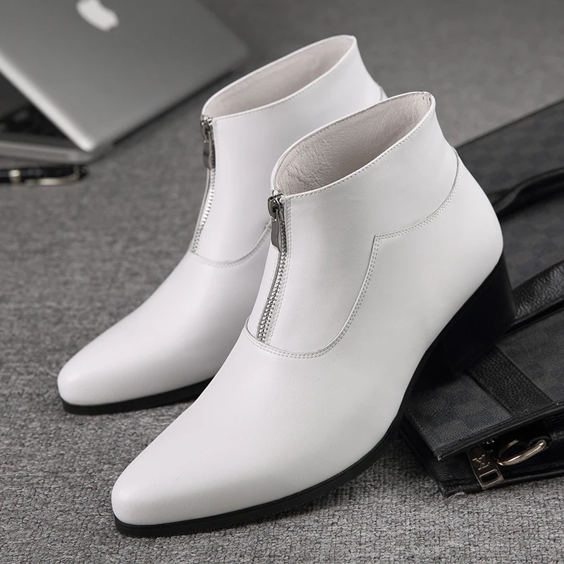 English Pointed Leather Shoes Mens High Top Chelsea Boots Genuine Leather Medium Top White Ankle Boots Leather Bootsplush Ankle