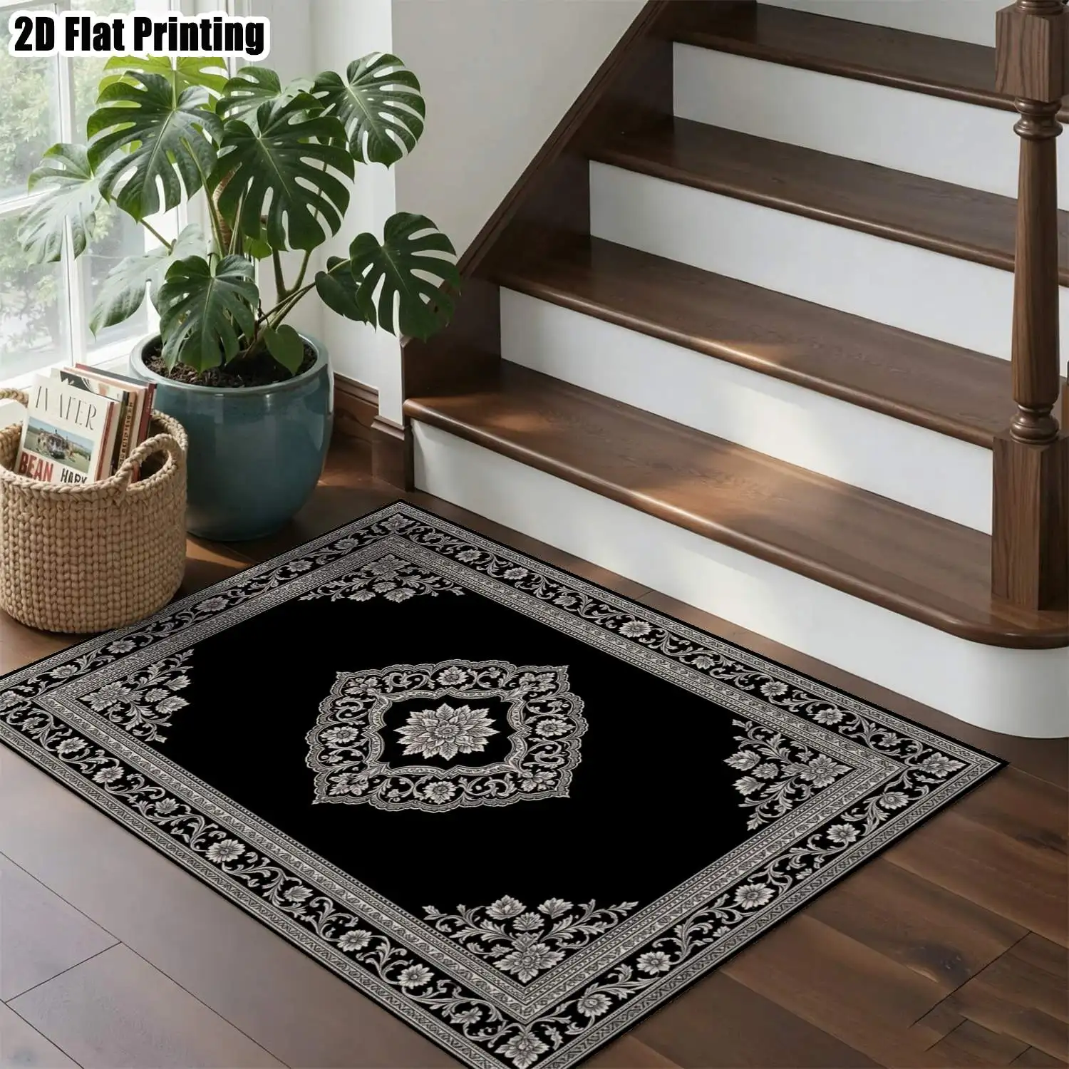 1Pc 2D Printed Carpet: Black Base, White Floral Geometric Patterns European/Bohemian/Vintage Style, Ideal Home Decor, Multi-Size, Machine Washable, for Entrance, Dining Room, Foyer, Bedroom, Living Room.